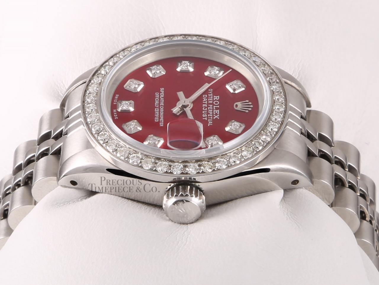 Rolex Ladies Datejust Stainless Steel 26mm Watch-Red Diamond Dial-Diamond Bezel