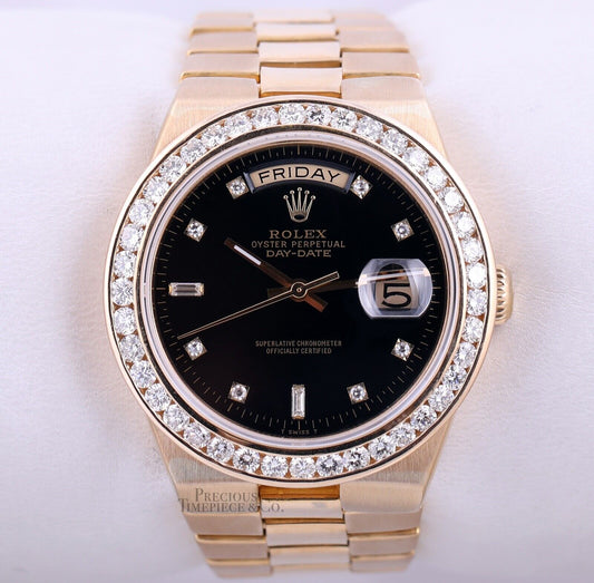 Rolex Day-Date President 19018 Quartz 18k Gold-Diamond Bezel-Black Diamond Dial