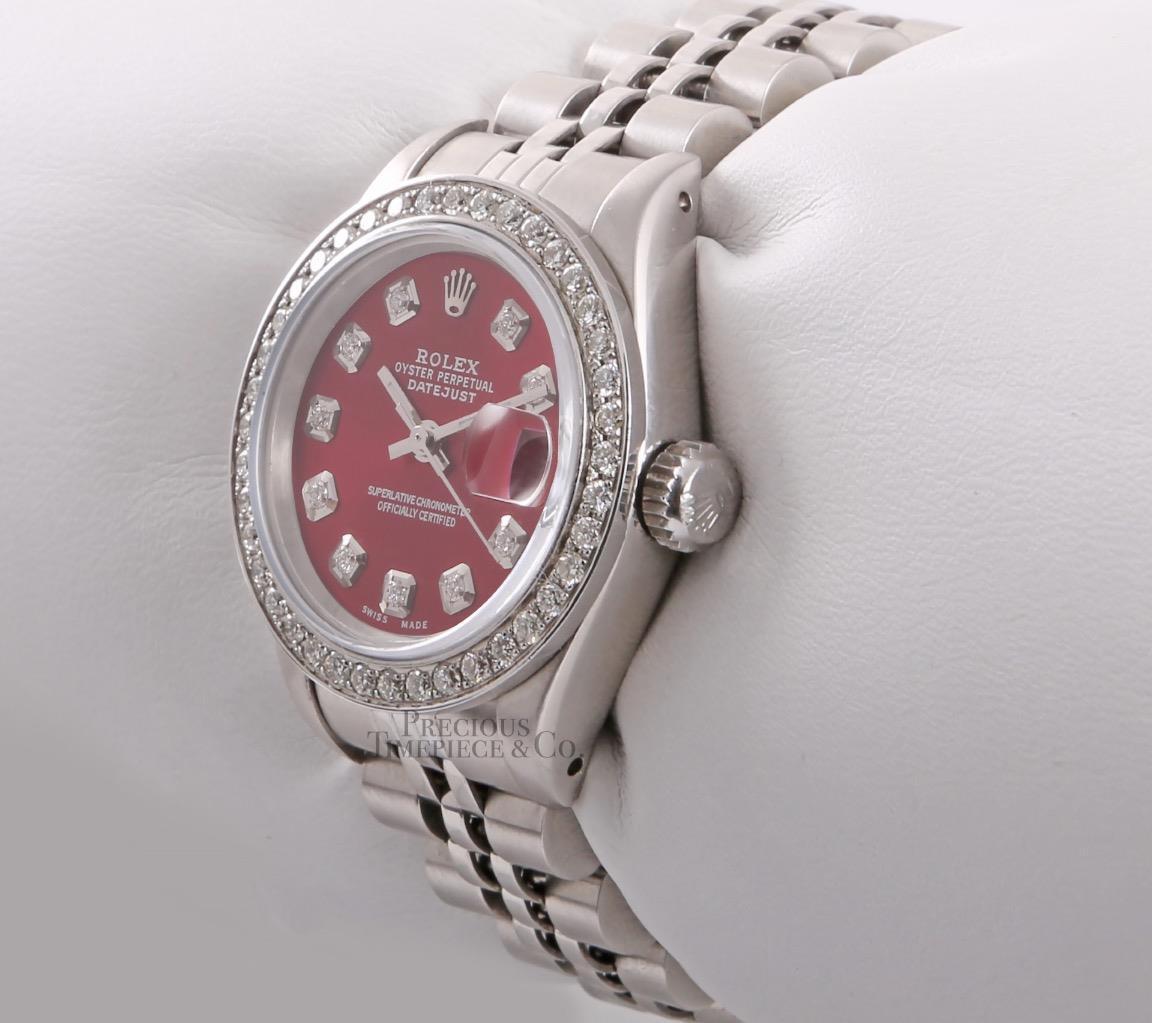 Rolex Ladies Datejust Stainless Steel 26mm Watch-Red Diamond Dial-Diamond Bezel