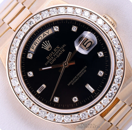 Rolex Day-Date President 19018 Quartz 18k Gold-Diamond Bezel-Black Diamond Dial