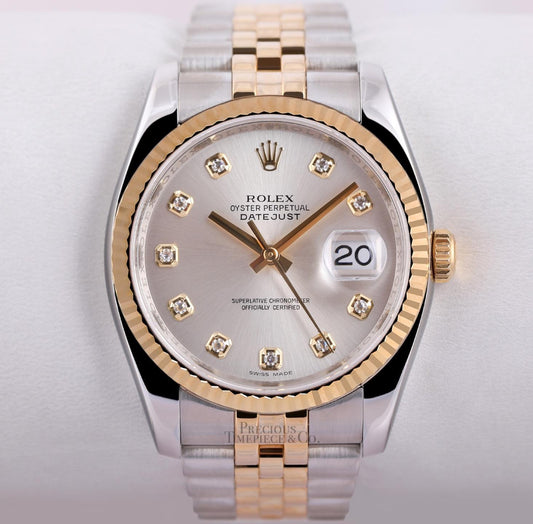 Rolex Datejust 116233 Two Tone Jubilee 36mm 18k Fluted Bezel Silver Diamond Dial