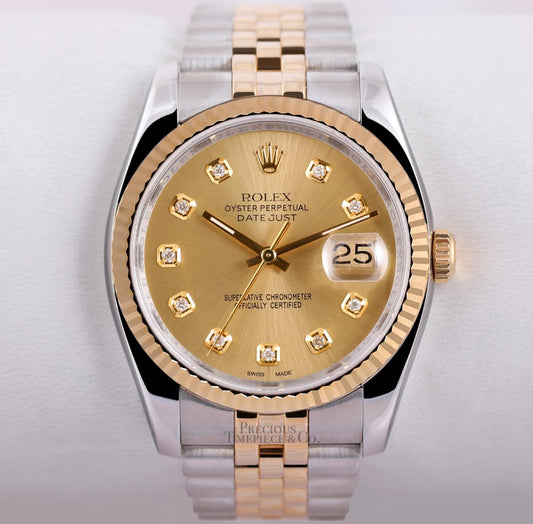 Rolex Mens Datejust 116233 Jubilee 36mm 18k Fluted Bezel Champagne Diamond Dial