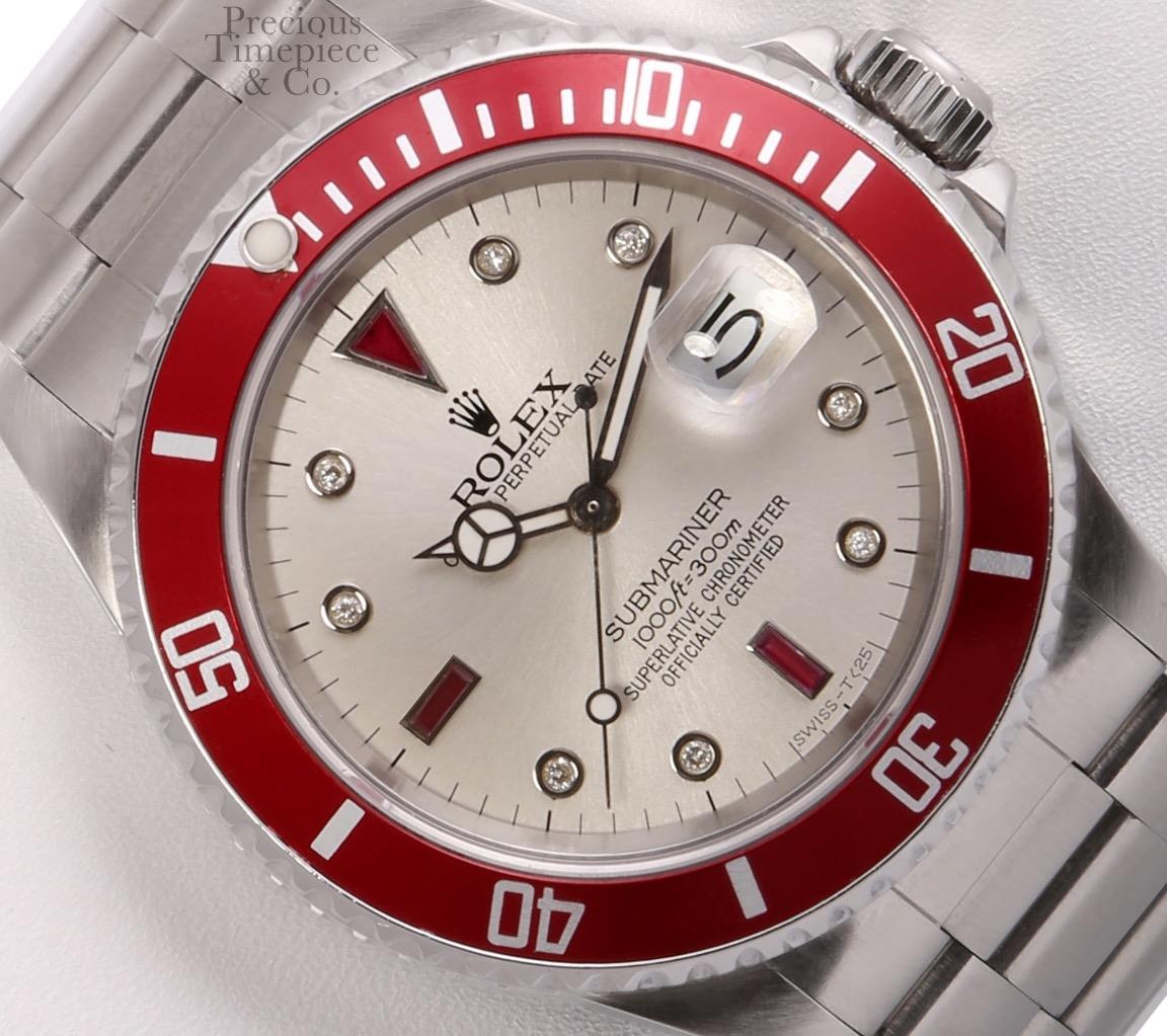 Rolex Submariner 16610 Steel 40mm Custom Silver Diamond Ruby Dial Red Bezel