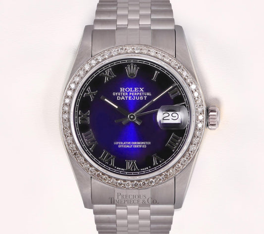 Rolex Men Datejust 36mm S/Steel Watch-Blue Vignette Roman Dial-Diamond Bezel