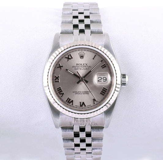 Rolex Lady Datejust 78274 Steel 31mm Watch 18k Fluted Bezel Silver Roman Dial