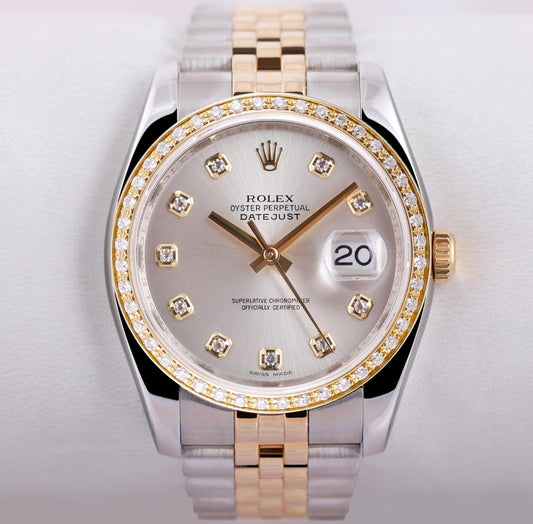 Rolex Datejust 116233 18k Gold Jubilee 36mm Diamond Bezel Silver Diamond Dial