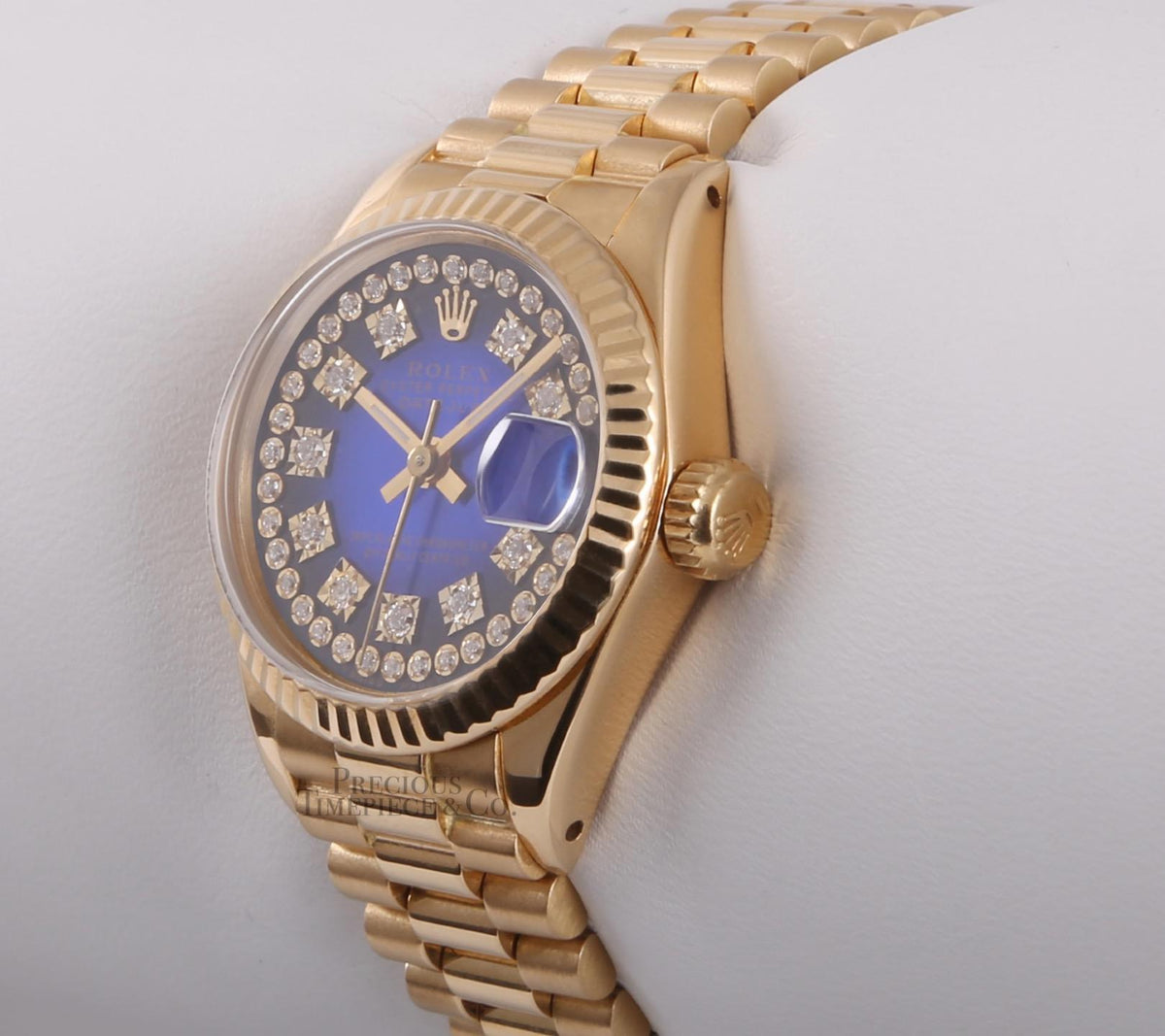 Plug String Diam Rolex Lady Datejust 26mm President 18k Gold, Blue Vignette String Diam