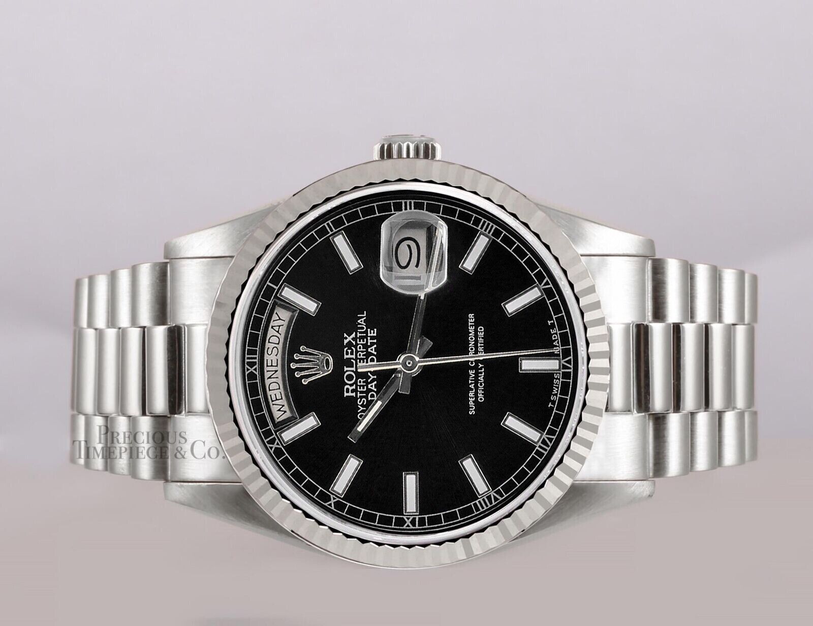 Rolex Mens Day-Date 36mm Presidential 18239 18k White Gold - Black Stick Dial