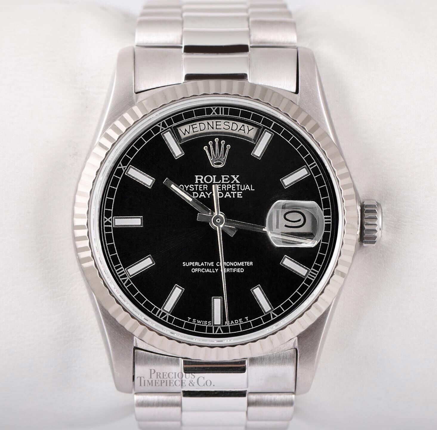 Rolex Mens Day-Date 36mm Presidential 18239 18k White Gold - Black Stick Dial