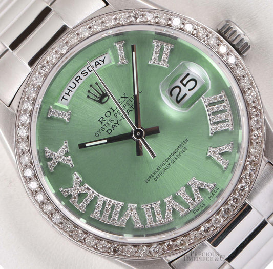 Rolex Mens Day-Date 36mm 18239 18k White Gold-Diamond Bezel-Ice Green Roman Diamond Dial