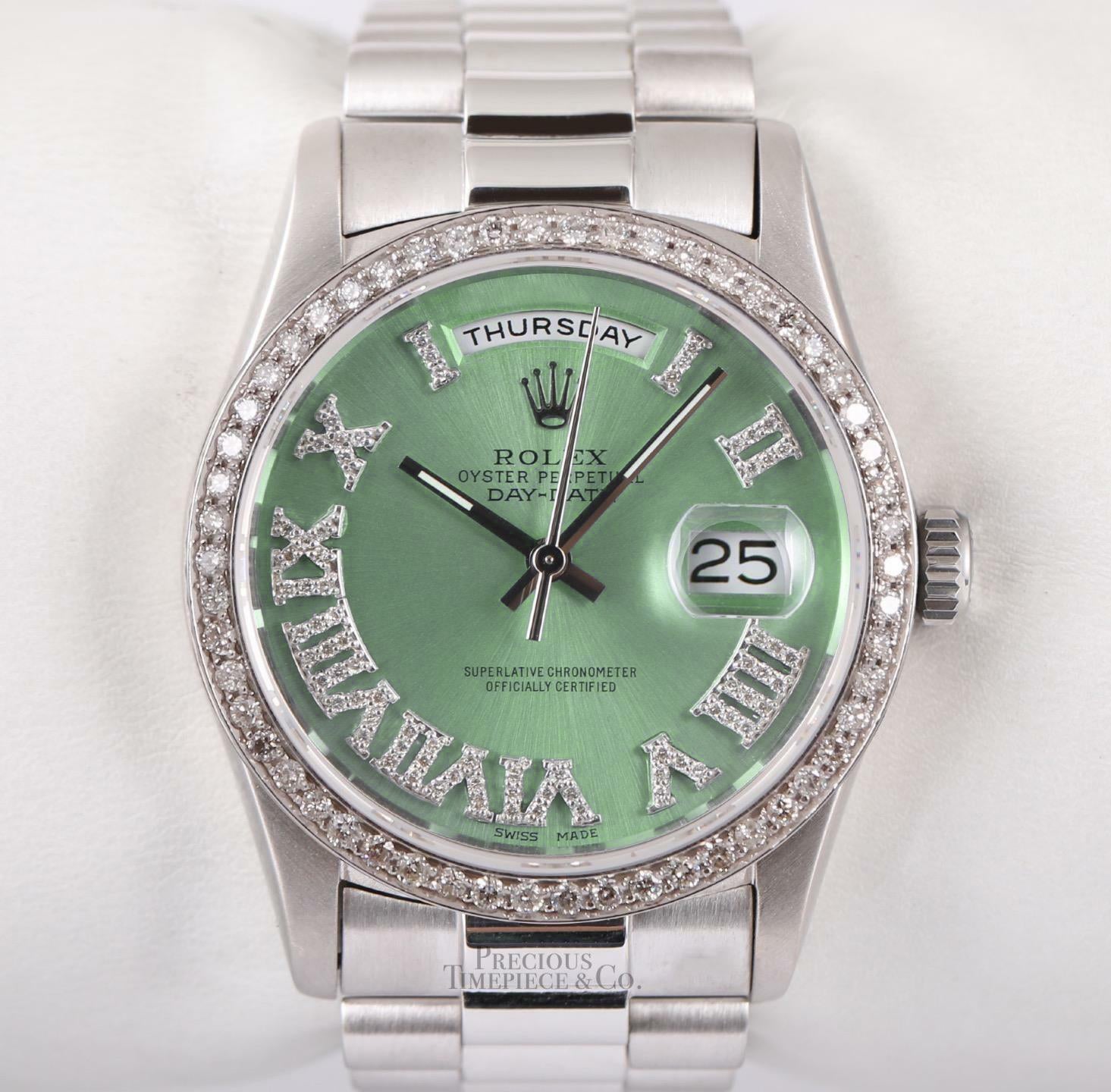 Rolex Mens Day-Date 36mm 18239 18k White Gold-Diamond Bezel-Ice Green Roman Diamond Dial