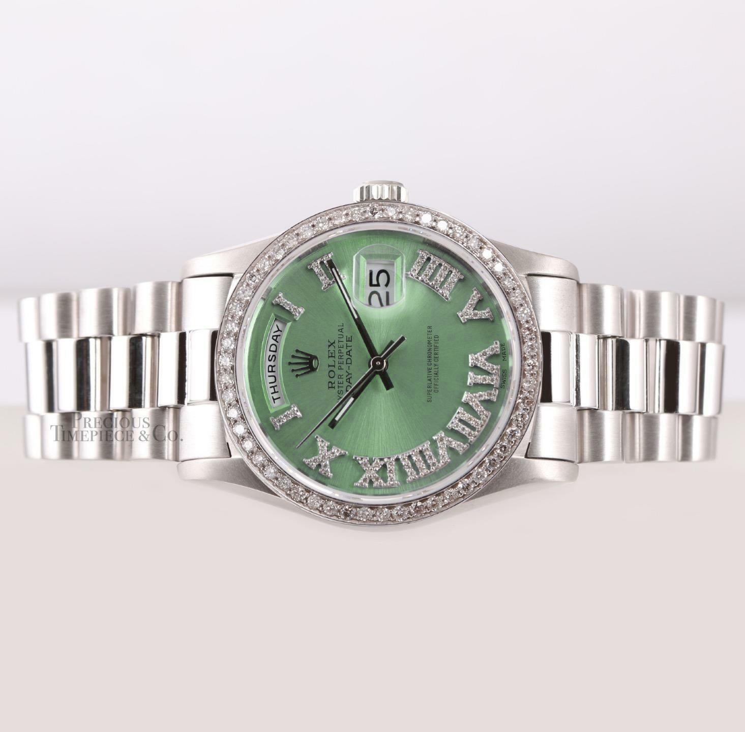 Rolex Mens Day-Date 36mm 18239 18k White Gold-Diamond Bezel-Ice Green Roman Diamond Dial