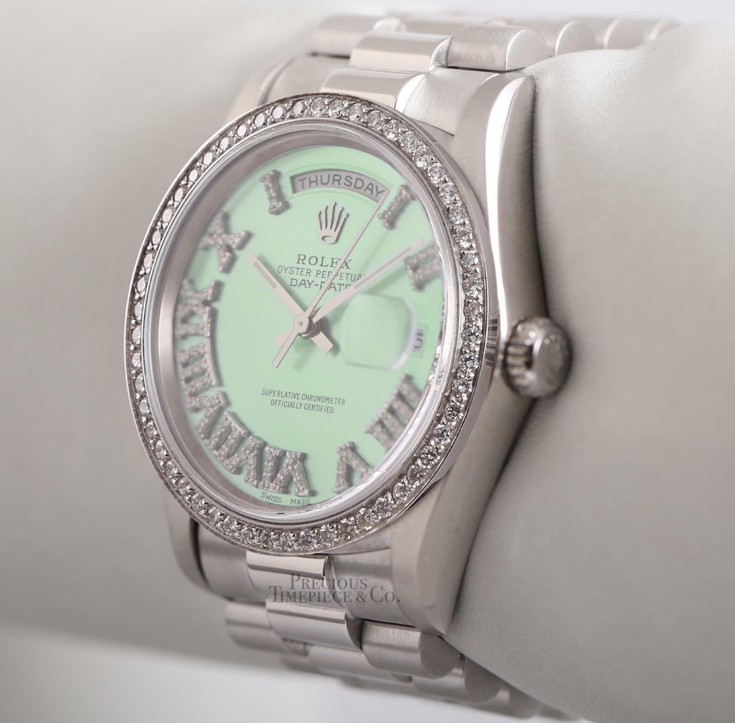 Rolex Mens Day-Date 36mm 18239 18k White Gold-Diamond Bezel-Ice Green Roman Diamond Dial