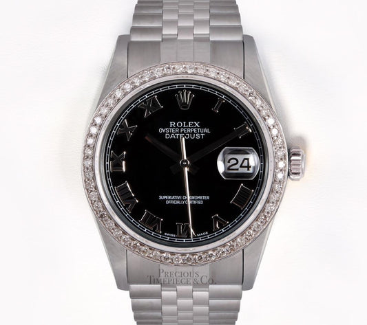 Rolex Men Datejust Stainless Steel 18k Diamond Bezel-Black Roman Dial 36mm Watch