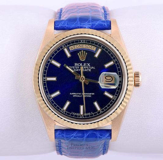 Rolex Day-Date 36mm President 18k Gold 18038-Blue Stick Dial-Blue Leather Band