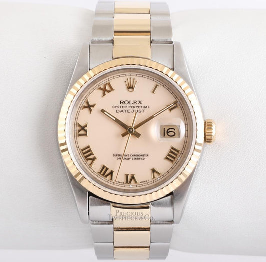 Rolex Datejust 16233 Two Tone 18k Steel Oyster Perpetual 36mm Ivory Roman Dial