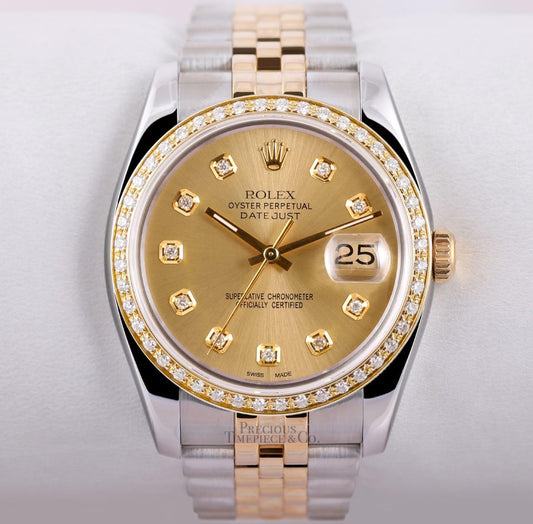 Rolex Mens Datejust 116233 Jubilee 36mm 18k Diamond Bezel Champagne Diamond Dial