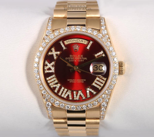 Rolex Day-Date 18038 President 36mm 18k-Red Roman Dial-Diamond Lug-Diamond Bezel