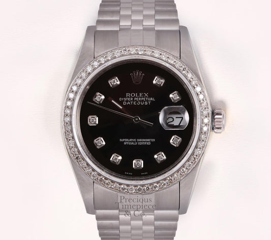 Rolex Datejust Stainless Steel 18k Diamond Bezel 36mm Watch-Black Diamond Dial