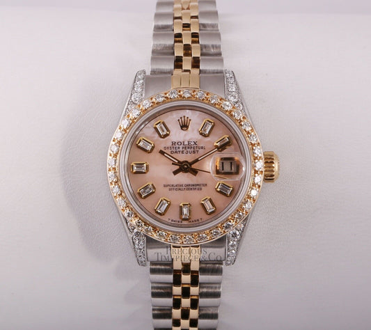 Rolex Lady 26mm Datejust Two Tone 18k Diamond Bezel & Lug-Pink MOP Baguette Dial