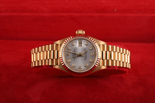 Rolex Lady President 69178 18k Yellow Gold Silver Diamond Dial Fluted Bezel