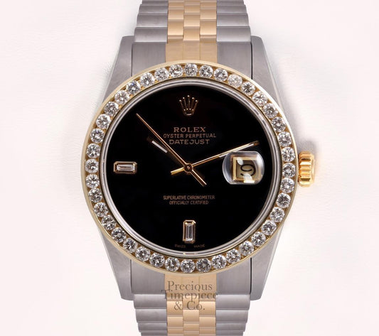 Rolex Datejust 36mm Two Tone Steel 18k 3CT Diamond Bezel Onyx Baguette Dial