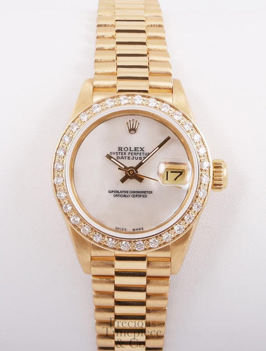 Rolex President Lady 18k Yellow Gold 26mm Watch-Diamond Bezel-White MOP Dial