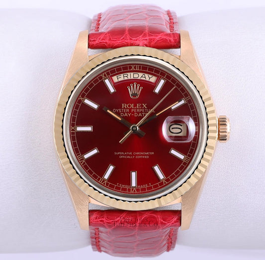 Rolex Men Day-Date 36mm President 18k Gold 18038-Red Stick Dial-Red Leather Band