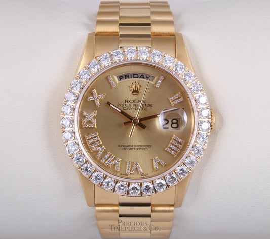Rolex Mens Day-Date 18038 36mm 18k Gold Diamond Roman Dial-3CT Diamond Bezel