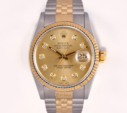 Rolex Datejust 36mm Two Tone Steel 18k Fluted Bezel-Champagne Diamond Dial