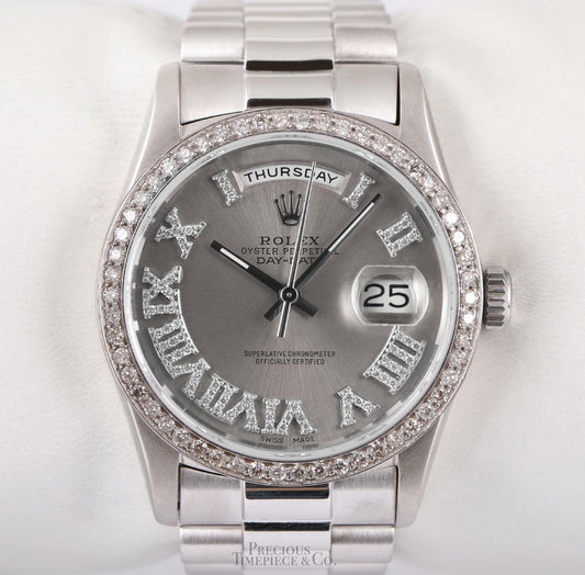 Rolex Mens Day-Date 36mm 18239 18k White Gold-Diamond Bezel-Gray Roman Dial