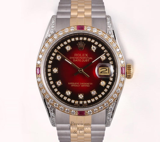 Rolex Datejust 2 Tone 36mm-Red Vign. String Diamond Dial-Diamond Lug/Ruby Bezel