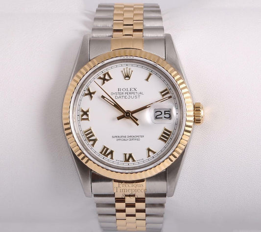 Rolex Datejust 16233 Two Tone No Hole Watch-18k Fluted Bezel-White Roman Dial