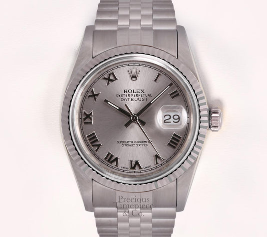 Rolex Men Datejust Stainless Steel 36mm Watch-18k Fluted Bezel-Silver Roman Dial