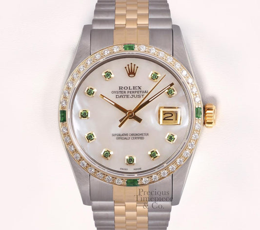 Rolex Datejust Two Tone Steel 18k Emerald Diamond Bezel-White MOP Emerald Dial