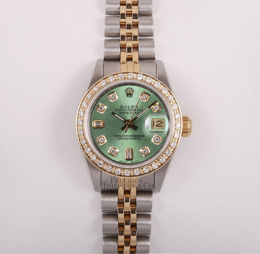 Rolex Lady Datejust 26mm Two Tone 18k Gold Diamond Bezel Ice Green Diamond Dial