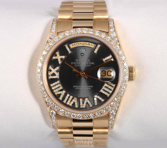 Rolex  36mm Day-Date 18038 18k Gold-Gray Roman Dial-Diamond Lugs-Diamond Bezel