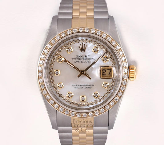 Rolex Datejust 36mm 18k Gold & Steel Diamond Bezel-White MOP String Diamond Dial