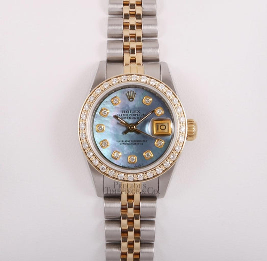 Rolex Lady Datejust 26mm Two Tone Steel 18k Diamond Bezel Blue MOP Diamond Dial