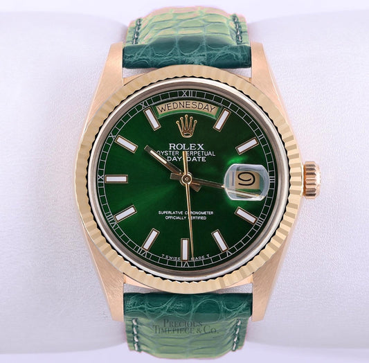 Rolex Day-Date 36mm President 18k Gold 18038-Green Stick Dial-Green Leather Band