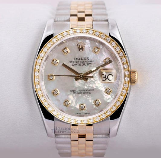 Rolex Mens Datejust 116233 Jubilee 36mm 18k Diamond Bezel White MOP Diamond Dial