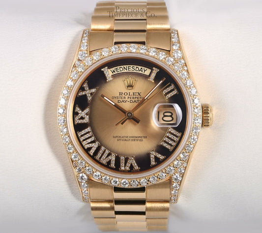 Rolex 36mm Day-Date 18038 18k Gold-Champagne Vignette Roman Dial-Diamond Lugs