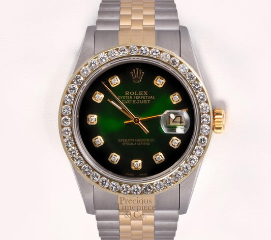 Rolex Datejust 36mm Two Tone 18k 3CT Diamond Bezel Green Vignette Diamond Dial