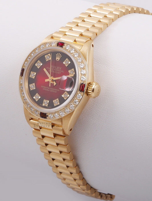 Rolex President Lady 18k 26mm Watch-Ruby/Diamond Bezel-Red Vignette Diamond Dial