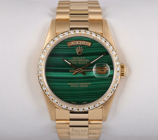 Rolex Men Day-Date 18038 18k Gold 36mm-Malachite Green Marble Dial-Diamond Bezel