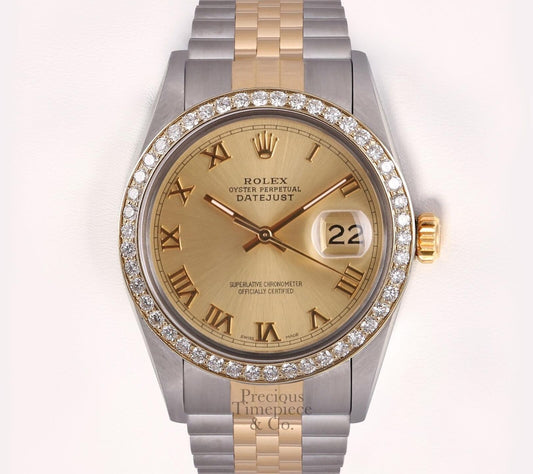 Rolex Men Datejust Two Tone 36mm Steel & 18k Diamond Bezel Champagne Roman Dial