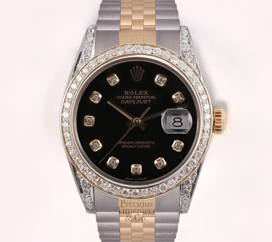 Rolex Mens Datejust 18k/SS 36mm Watch-Diamond Bezel & Lugs-Black Diamond Dial