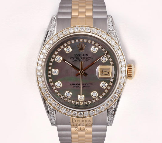 Rolex Datejust Two Tone 18k Diamond Bezel-Lug-Black MOP String Diamond Dial 36mm