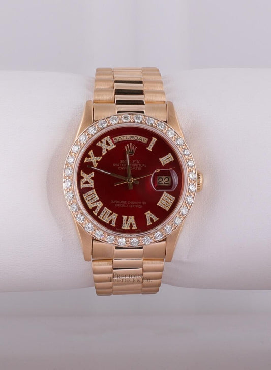 Rolex Men Day-Date 18238 President 18k Yellow Gold 36mm-Custom Red Diamond Dial