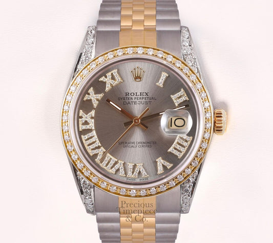 Rolex Datejust 36mm TT 18k/SS Diamond Lugs-Diamond Bezel-Gray Diamond Roman Dial